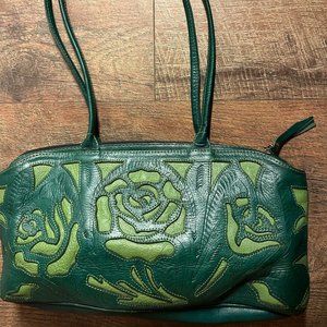 JL Saldivar Tooled Leather Bag Soft Green on Green Rose Floral HandCrafted